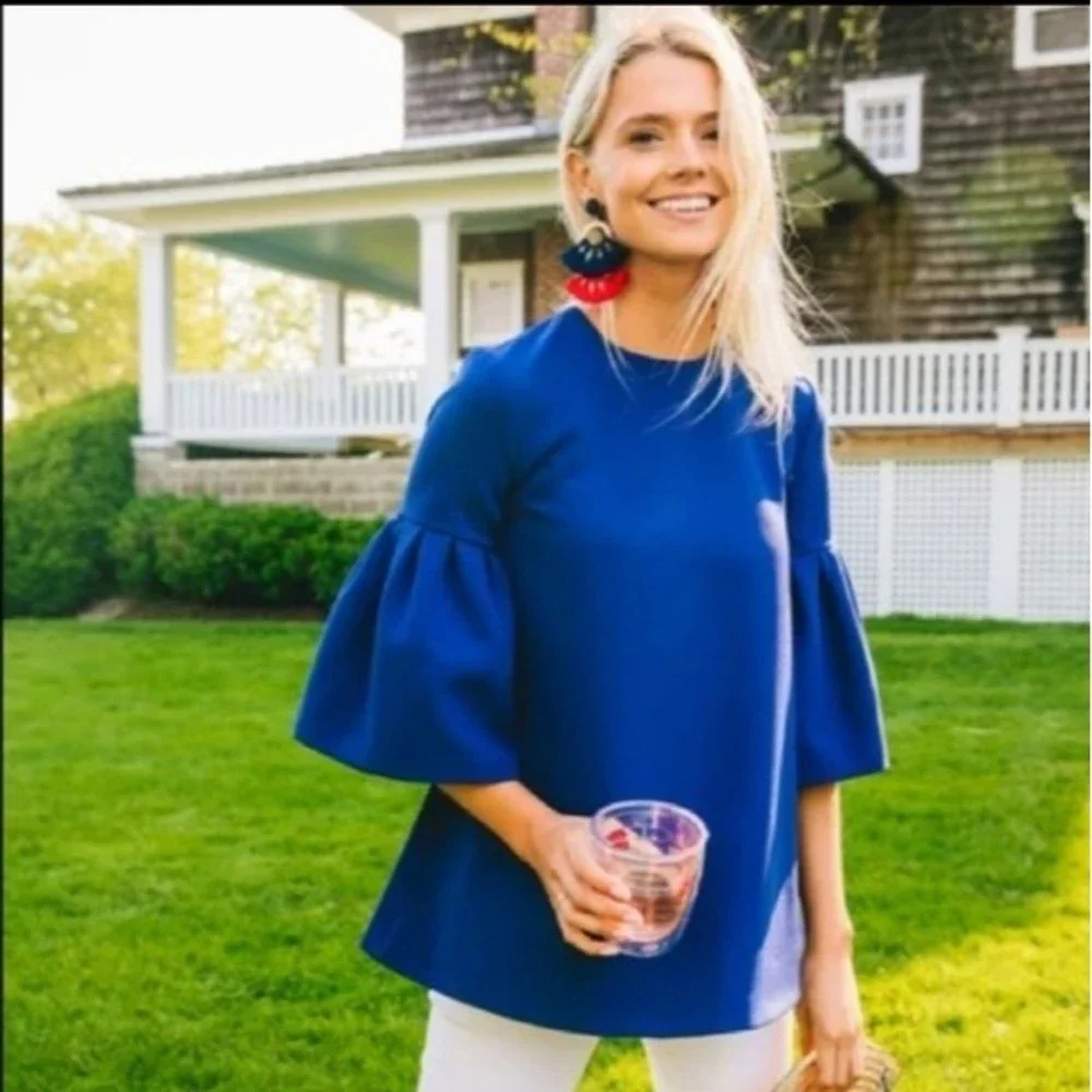 Edit bell sleeve round neck top Sz S White Modest Formal Preppy - Picture 10 of 11